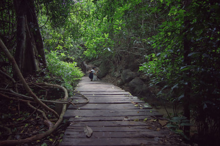 Kanchanaburi, Thailand - June 3, 2019 : The woman's taking a photo in Erawan waterfall at Kanchanaburi, Thailandのeditorial素材