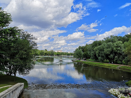 Sunny day in the city Park. Pond, blue sky with clouds, floating ducks and flying gulls, sunshine.の写真素材