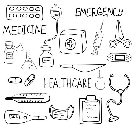 Medical set, mask, tablet, pill, phonendoscope, thermometer, IV drip for intravenous medication, First aid kit, Rubber feminine syringe. Hand drawn vector illustration. doodle style.のイラスト素材