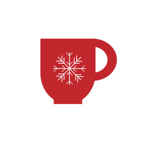 New Year's, red cup with snow ornament. Christmas red mug with a snowflake. Vector illustration isolated on white background.のイラスト素材