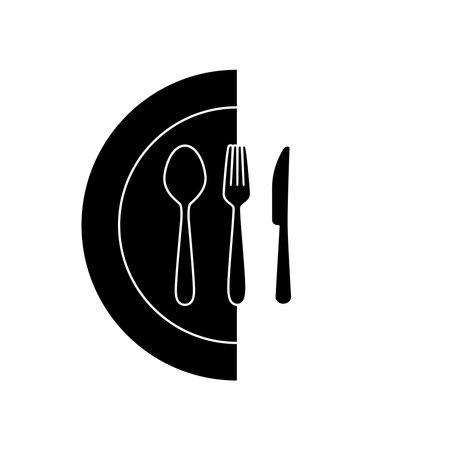 Silhouette of cutlery on plate. Set of fork knife spoon on black and white circle Logotype menu in flat styleのイラスト素材