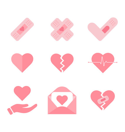 Set of pink hearts, broken and fixed with bandage hearts, love letter. Romantic or wedding concept. Vectorのイラスト素材