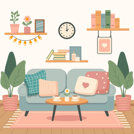 Cute cozy living room in flat stile, Living room interior, sofa, indoor flowers, coffee table, bookshelves, watch, carpet. Vector illustrationのイラスト素材