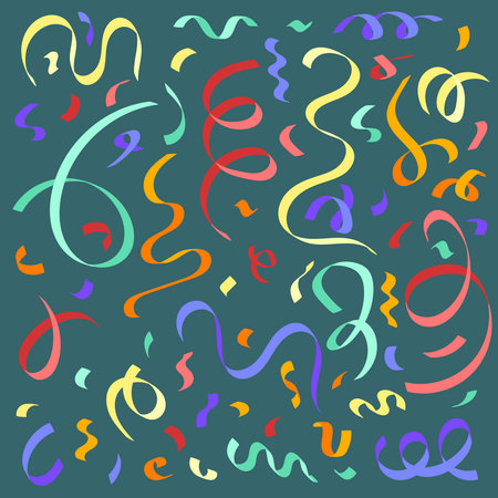 Set of colorful confetti abstract background. Popping ribbon confetti. Simple flat style vector pattern on dark backgroundのイラスト素材