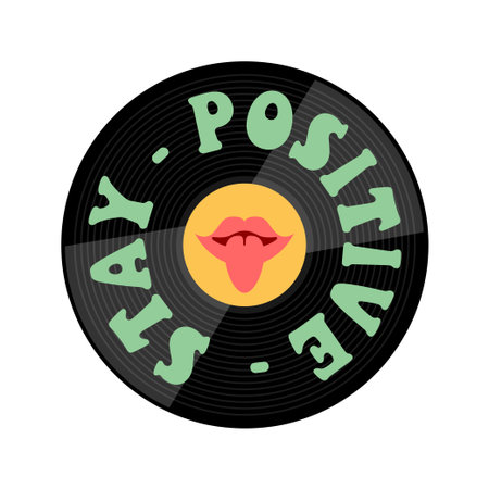 Vintage vinyl plates with lips and tongue and Stay Positive lettering. Vinyl plate disc. Music retro icon. Vector illustration isolated on white background.のイラスト素材