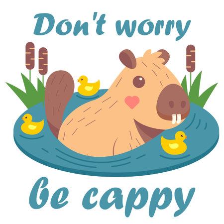 Cute capybara bathing in water with ducks in reed mace. Amusing fanny water pig, Happy Ð¡Ð°ÑÑ rodent  animal. Flat vector illustration in cartoon styleのイラスト素材