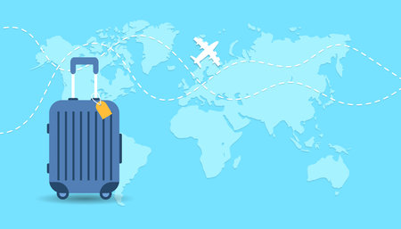 Blue suitcase on background with map, track of travel path and flying airplane icon. Tourism and vacation concept, business trip. Flat vector illustrationのイラスト素材