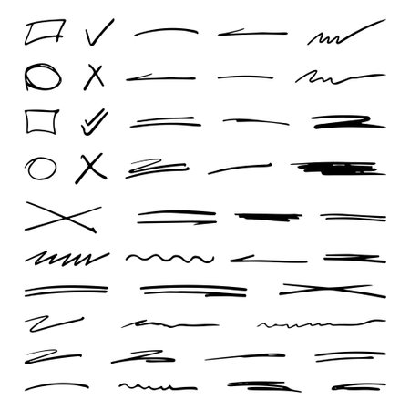Big set of Hand drawn check mark and brush lines, black marker, check mark, underline stroke. Vector illustration hand drawn circles, underlines collectionのイラスト素材
