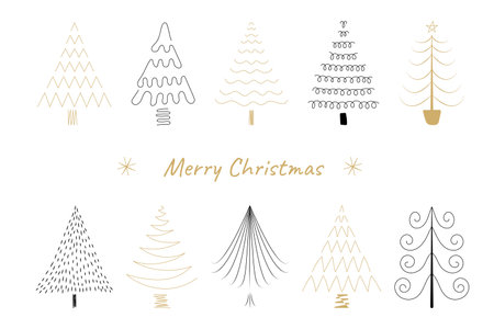 Christmas tree black and gold doodle hand drawn vector icon. Fir tree line drawing. Holiday design elements  isolated on white. Simple shape concept for winter season cardsのイラスト素材