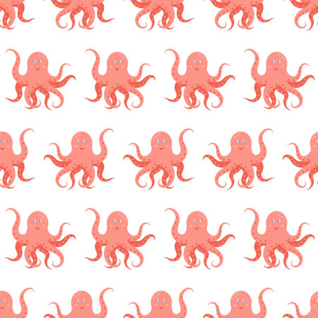 Seamless pattern with cute pink octopus. Maritime background and cute sea animal. Underwater life. Print for design, fabric, banner, embroidery, wallpaper. Vector illustrationのイラスト素材