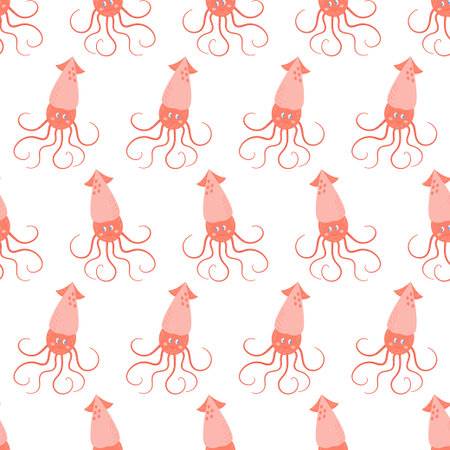 Seamless pattern with cute pink squid. Maritime summer background and cute sea animal. Underwater life. Print for design, fabric, banner, embroidery, wallpaper. Vector illustrationのイラスト素材