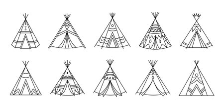 Set of Indian wigwam. Teepee collection in doodle style. Vector outline illustration isolated on white background.のイラスト素材