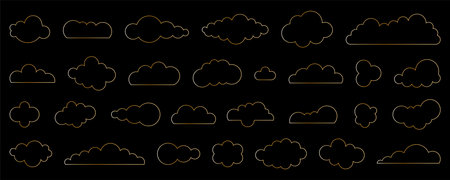 Art Deco Style Golden abstract clouds set. Luxury borders. Thin gold line cloud of irregular shape. Collection of wedding decoration, birthday holiday invitation. Vectorのイラスト素材