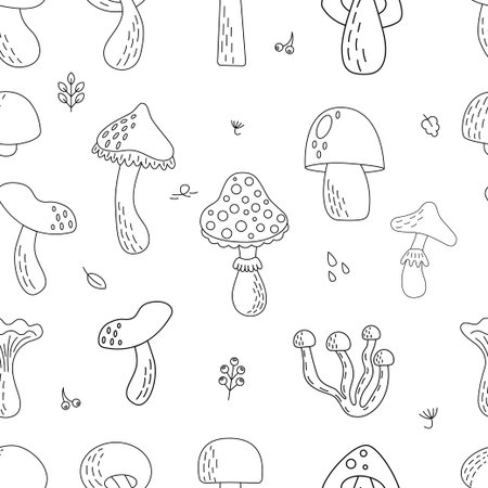Seamless pattern with mushrooms. Hand drawn editable food drawings abstract repeating background. Forest autumn plant. Outline vector illustration isolated on whiteのイラスト素材