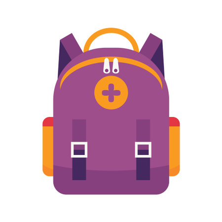 School backpack. Education and study back to school, schoolbag luggage, rucksack. Colorful schoolbag flat vector illustration isolated on white backgroundのイラスト素材
