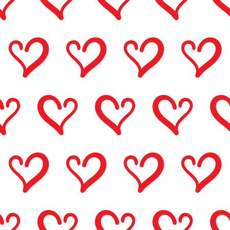 Red heart seamless pattern on white background. Cute love Hand drawn doodle hearts Repeating pattern for Valentine's day holiday backdrop texture, romantic wedding designのイラスト素材