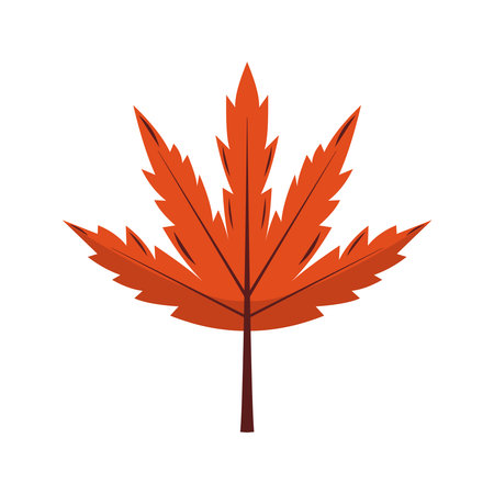 Minimalistic vector illustration of red maple leaf with pointed edges, symbolizing autumn. Symmetrical shape for seasonal design, nature-themed graphics on white backgroundのイラスト素材