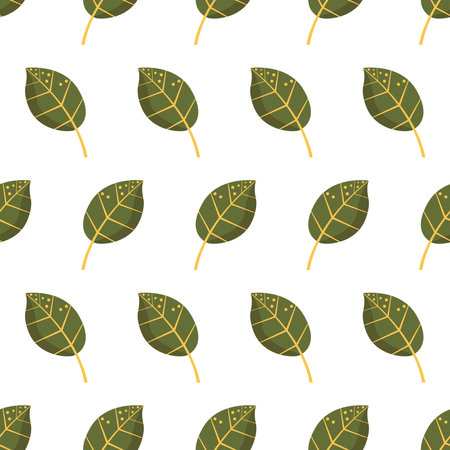 Repeating pattern of green stylized leaves of Ficus with yellow veins on white. Flat vector seamless backgroundのイラスト素材