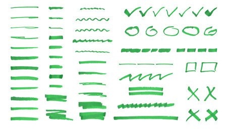 Set of highlighter elements, hand drawn stripe by green marker. Underline, colorful text mark. Brushes collection. Vector illustration isolated on white backgroundのイラスト素材