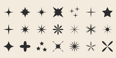 Blinking stars, sparks and sparkles set. Abstract shine effect sign. Shining twinkle sunburst shapes collection. Vector illustrationのイラスト素材