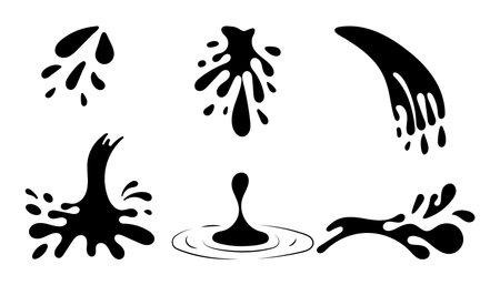 Set of Water drops. Black Liquid doodle elements, cry droplet icons collection. Ink, sauce, blood, river splashes and fluid. Vector illustration isolated on white backgroundのイラスト素材