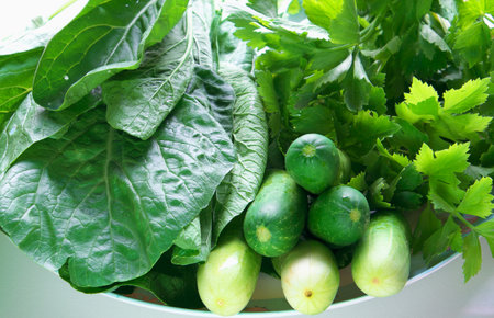 Group of green vegetables are healthy eating concept, produce from fresh garden.の写真素材