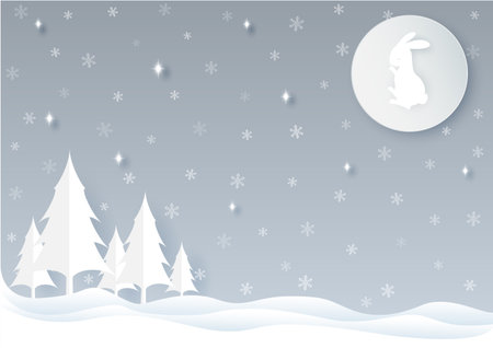 The moon rabbit in winter season with star, snowflakes and Pine tree. Vector design elements &#xA;for Christmas and New Year celebration quotation or happy winter season, can be use as background of card, event banner, poster or website.のイラスト素材