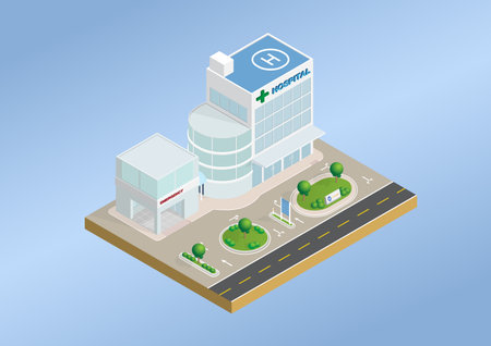Isometric layout of hospital and emergency building with trees, lawn and  road infrastructure. Vector illustration design with concept of health care, medical center, business. Use for infographic element, website, presentation and printing media.のイラスト素材
