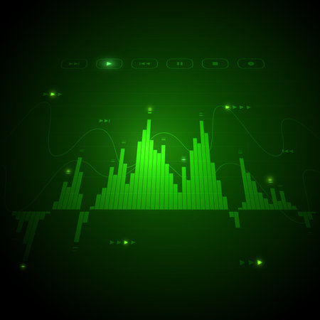 Digital music player screen monitor, user interface. Neon glowing visualization equalizer bars and sound frequency waves, audio vibrations, tune bar, recorder symbol, voice data. Vector illustration for futuristic  technology and businessのイラスト素材