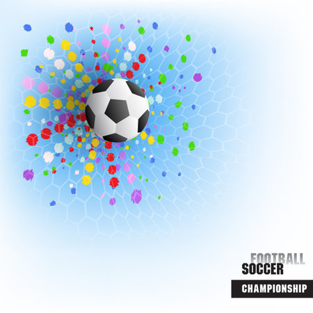Football background, realistic ball game match goal moment with ball in the net. Vector illustration for the soccer 
championship, games,the stadium, tournament modern sport. Template for posters and invitations.のイラスト素材