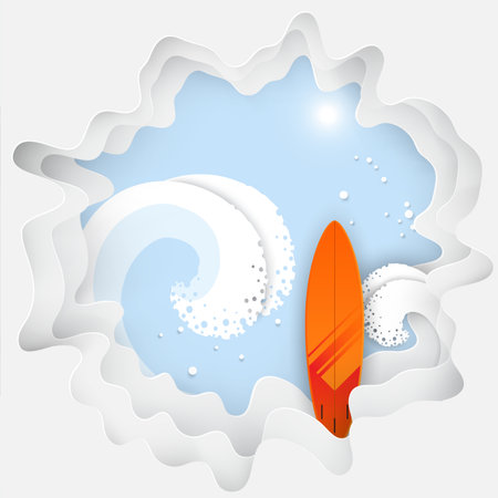 Surfboard and sea waves background, paper origami style. Vector illustration for competition, games, tournament modern sport.のイラスト素材