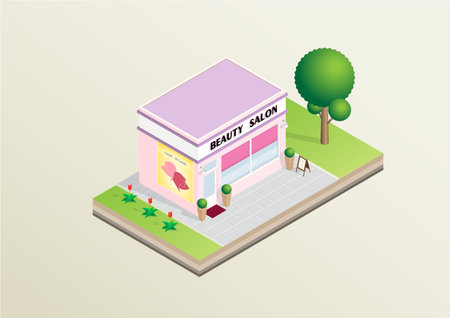 Isometric layout of beauty salon shop, building with signboard, trees, lawn. Vector illustration design concept for hair, skin, beautify.のイラスト素材