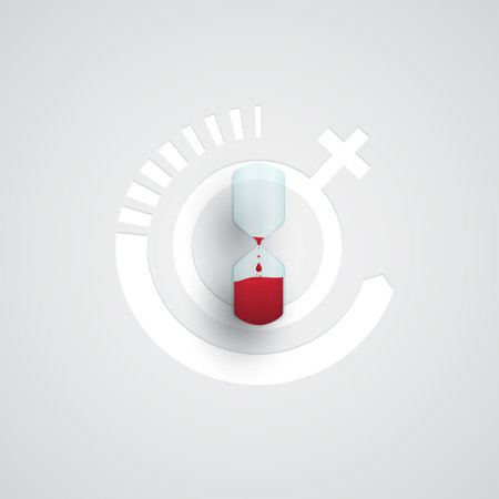 Woman biological clocks icon, red water drop in sandglass on white bacground, menopause and limited...