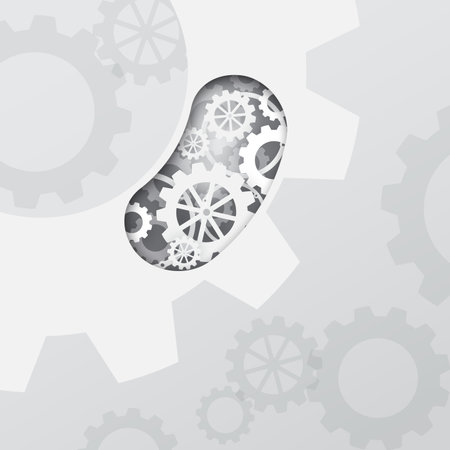White gears  wheel on the grey background. Vector illustration paper art, paper cutting style for idea, solution, technology, engineering, industrial, working, thinking concept.のイラスト素材