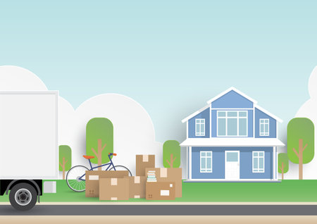 New house for family, moving house, building exterior of stacked cardboard boxes. Vector illustration paper flat design style concept for real estate, propertyのイラスト素材