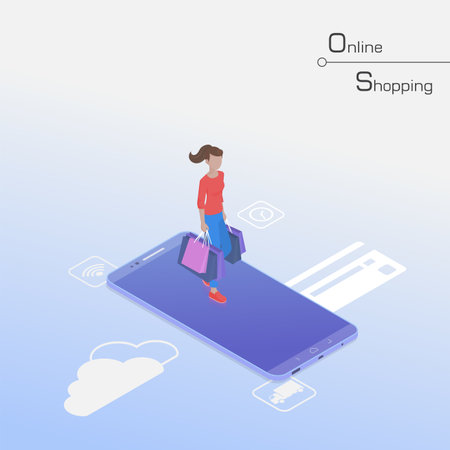 Woman walking on smartphone with shopping bags, buying things online. Flat isometric vector illustration ecommerce concept.のイラスト素材