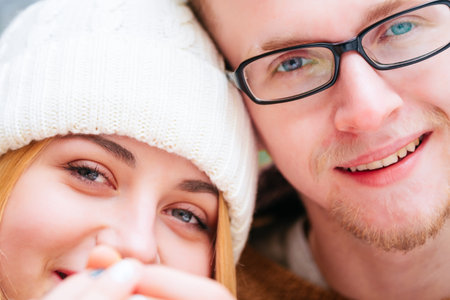 portrait of happy couple at winterの写真素材