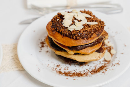 Dessert on white background. Summer fruit dessert. chocolate pancakesの写真素材
