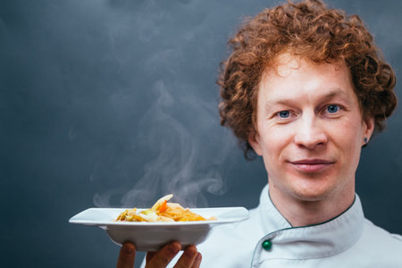 Male chef with red hair kitchen. Pasta in Thaiの写真素材