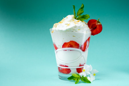 Ice cream with strawberries and whipped cream. Mint backgroundの写真素材