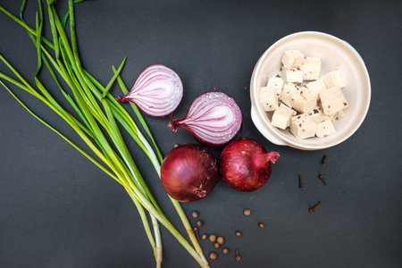 Asian food ingredients:, green onions and tofu for delicious cooking, top view.の写真素材
