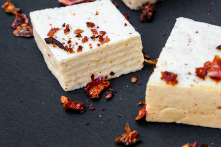 Slices of raw tofu slices of raw tofu on a black background, sprinkled with paprikaの写真素材
