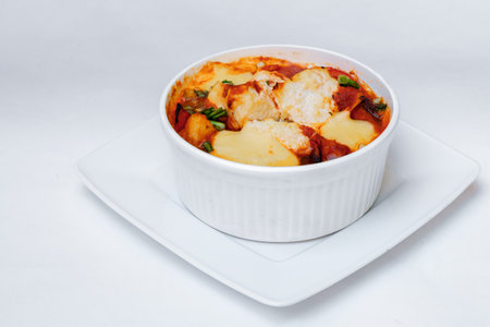 Baked vegetables zucchini and tomatoes with cheese. Isolated on white by clipping path.の写真素材