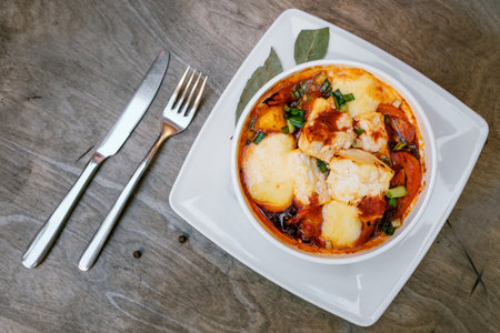 Fresh tomato cake with cheese on a gray wooden backgroundの写真素材