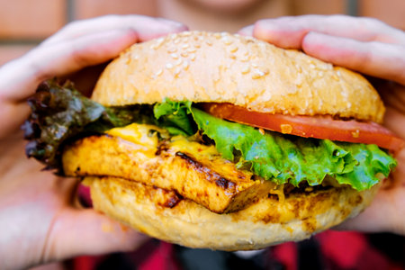 Vegetarian burger. The concept of healthy food. Hamburgers with tofu cheese and fresh vegetablesの写真素材