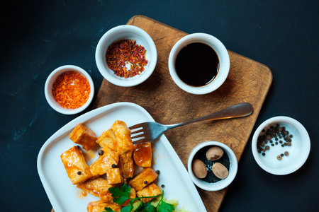 Home fried tofu cheese potatoes with green peas. close upの写真素材