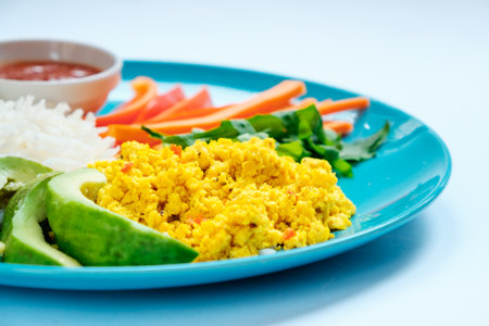 Vegetarian food - Rice with Stir fried mixed vegetable and vegetarian tofuの写真素材