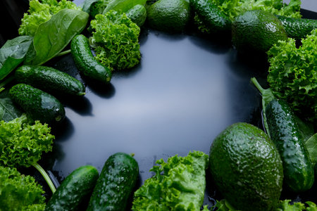 Green background of fresh lettuce leaves avocado cucumber zucchiniの写真素材
