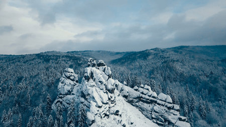 Winter in Carpathian Mountains. High-altitude aerial shotの写真素材