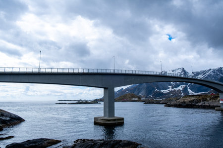 lofoten Norway village bridge roadの写真素材